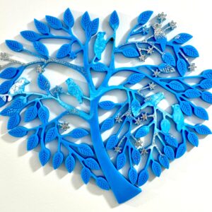 Arbre de vie en coeur bleu avec des oiseaux Résine