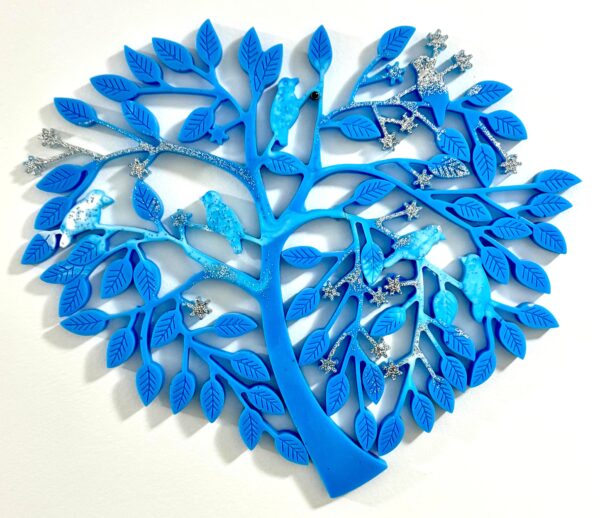 Arbre de vie en coeur bleu avec des oiseaux Résine